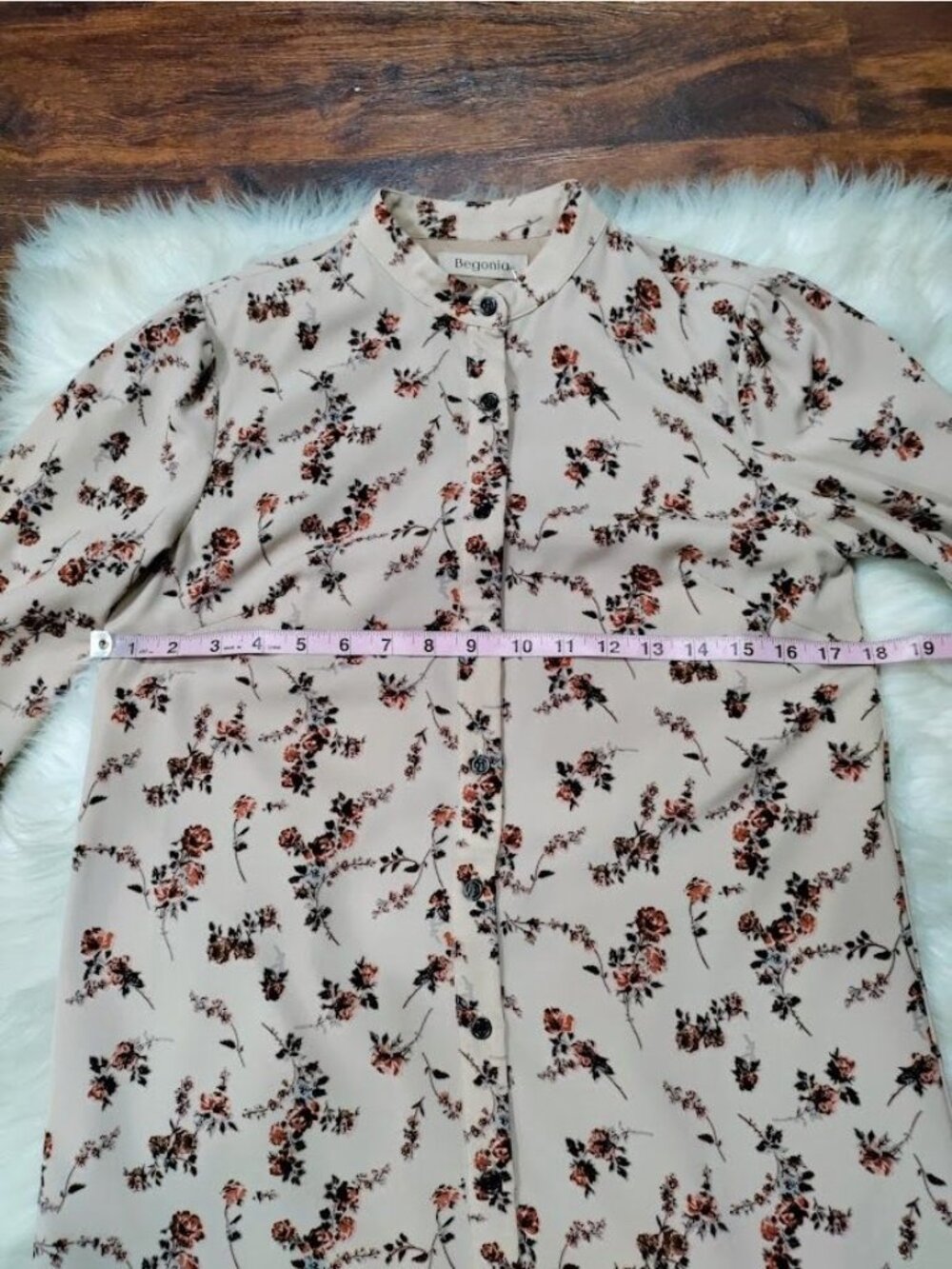 Begonia Puff Long Sleeve High Neck Floral Print Hi-Low Dress Beige Womens Small - Picture 10 of 16
